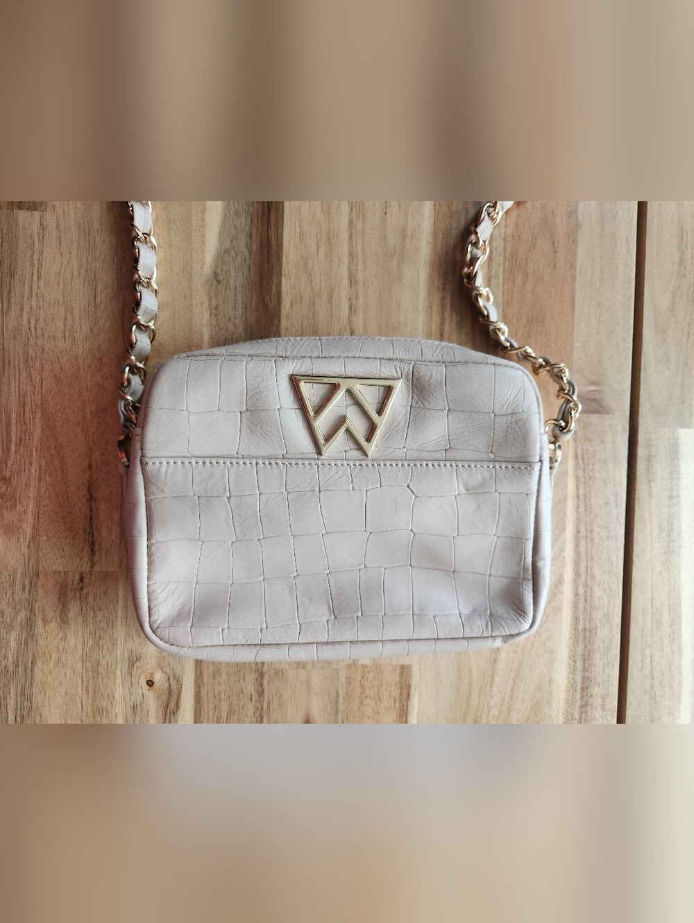Kelly Wynne Mingle Mini Croc Embossed Leather bag in Tan/Cream